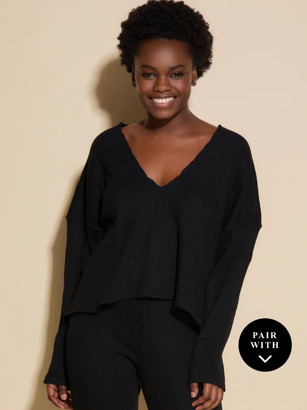 Cosabella Britt Cropped Black Ribbed V-Neck Sweater